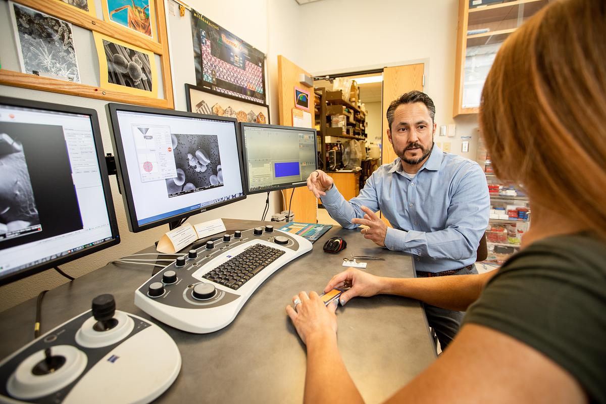 MPaCT researcher mentoring a student at the SEM workstation