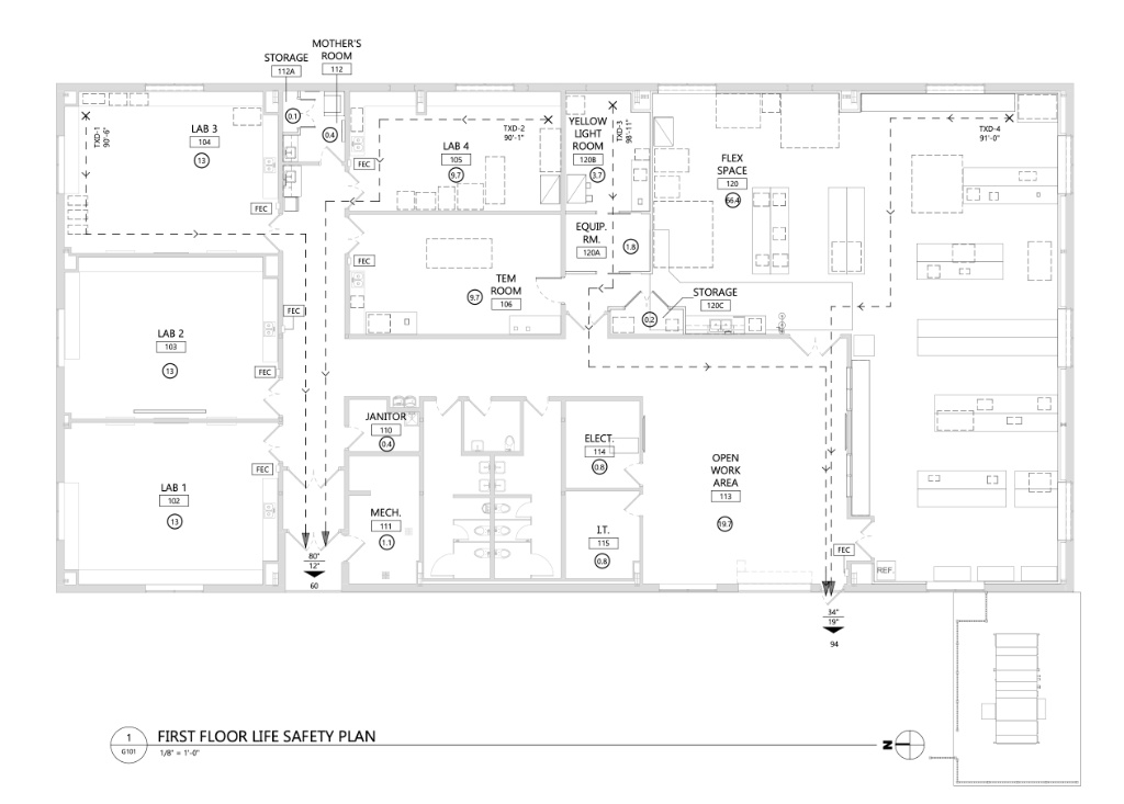 MPaCT Lab first floor life safety plan: facility layout and room designations